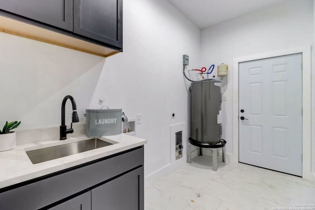 washroom with cabinets, washer hookup, hookup for an electric dryer, water heater, and sink