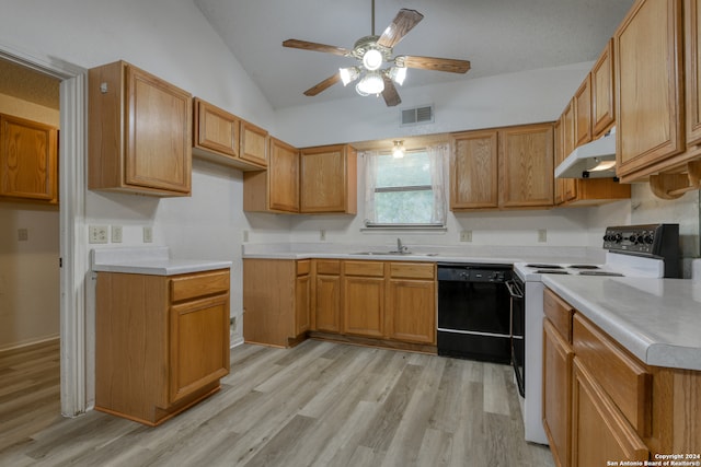 kitchen with sink, light hardwood / wood-style flooring, electric range, vaulted ceiling, and black dishwasher