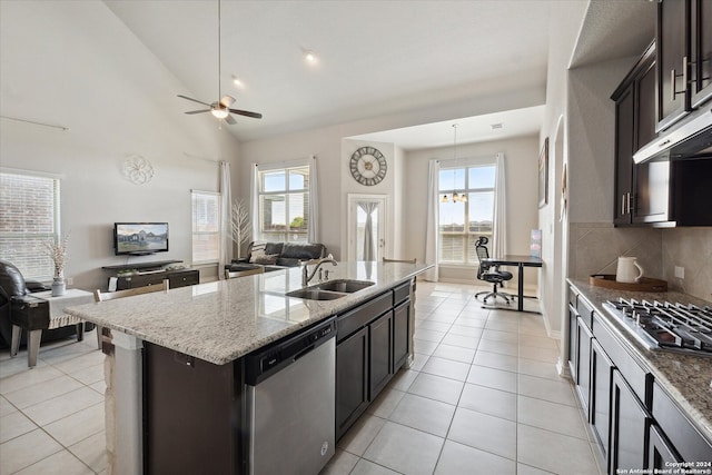 kitchen featuring sink, a center island with sink, a healthy amount of sunlight, and appliances with stainless steel finishes