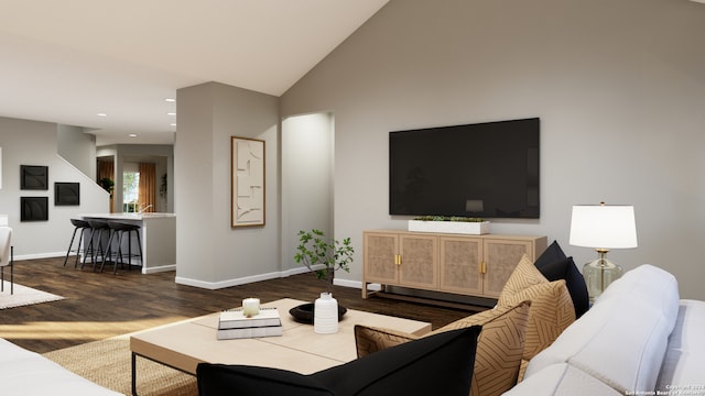 living room featuring dark hardwood / wood-style floors and lofted ceiling