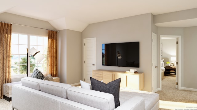 carpeted living room featuring vaulted ceiling