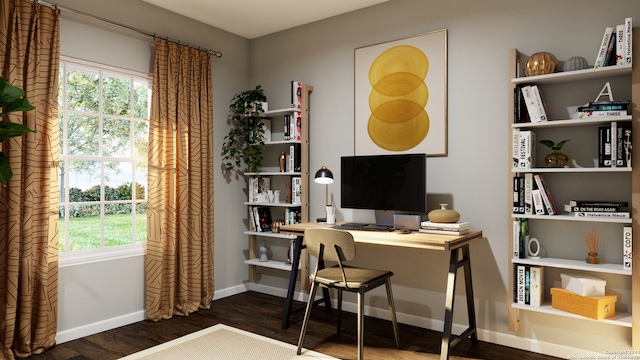 home office with dark hardwood / wood-style flooring