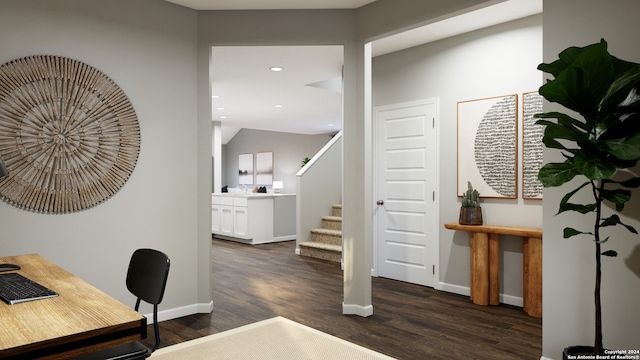 office space with dark wood-type flooring