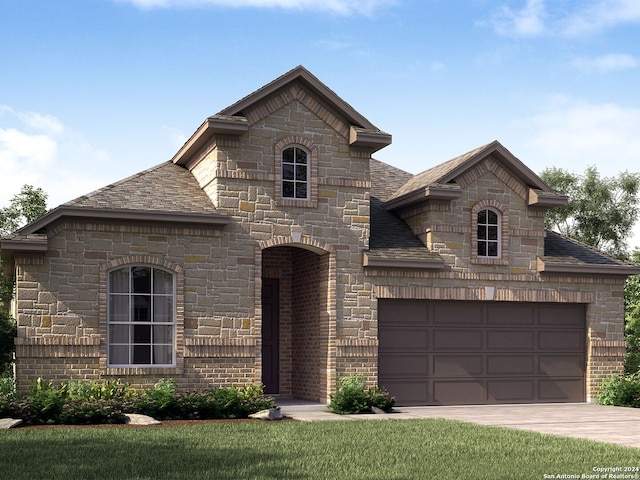 french country inspired facade with a garage and a front yard