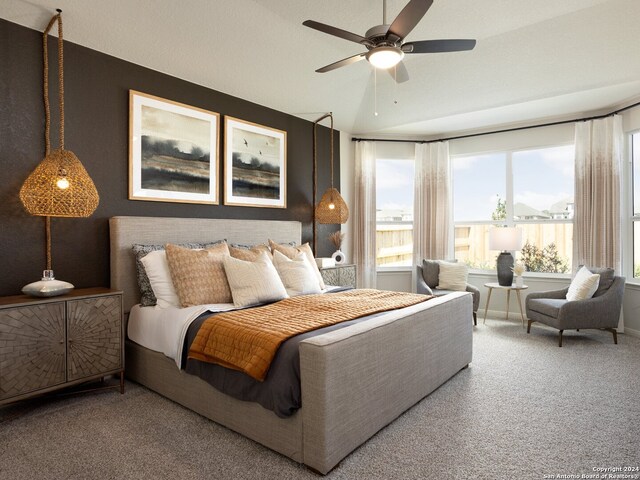 carpeted bedroom with ceiling fan