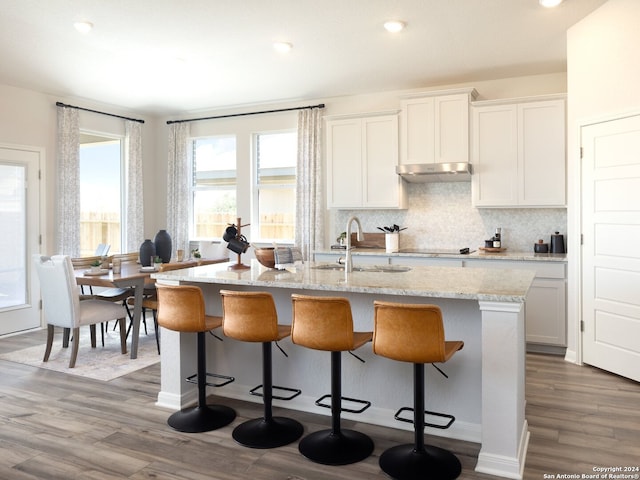 kitchen featuring sink, wood-type flooring, white cabinets, a center island with sink, and decorative backsplash