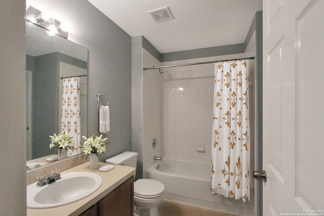 full bathroom with tile patterned flooring, vanity, toilet, and shower / bathtub combination with curtain