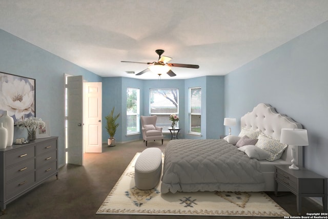 carpeted bedroom with ceiling fan