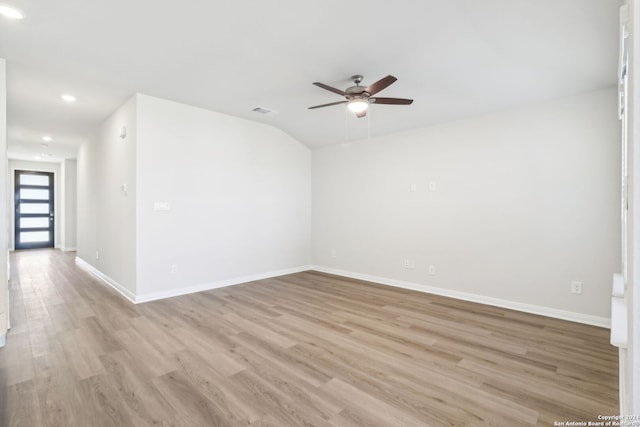 unfurnished room with ceiling fan and light hardwood / wood-style floors