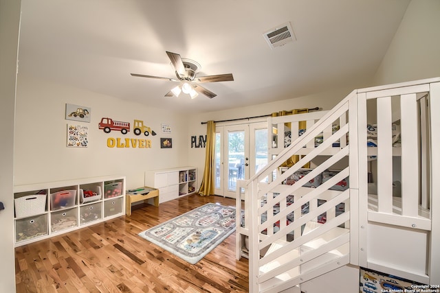 bedroom featuring wood-type flooring and ceiling fan