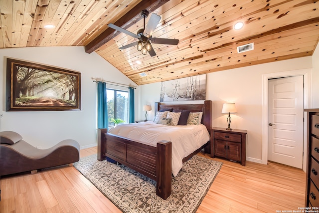 bedroom featuring vaulted ceiling with beams, light hardwood / wood-style floors, ceiling fan, and wooden ceiling