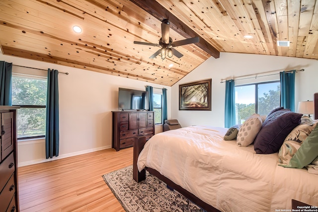 bedroom with ceiling fan, light hardwood / wood-style floors, wood ceiling, and multiple windows