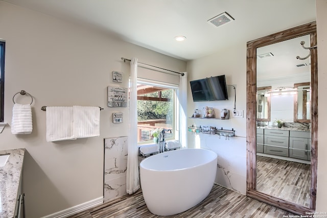 bathroom featuring a bath, vanity, and wood-type flooring