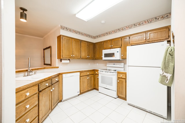 kitchen featuring white appliances, sink, and ornamental molding