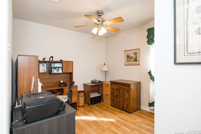 office space featuring ceiling fan and light hardwood / wood-style flooring