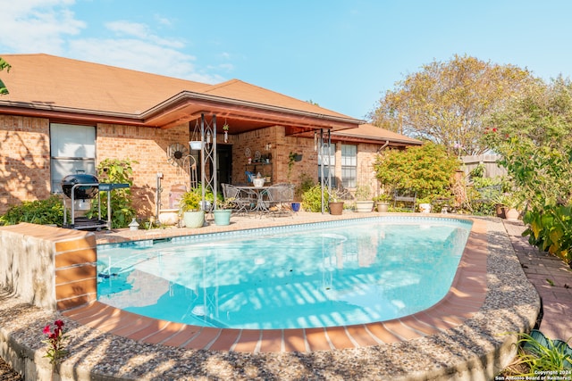 view of swimming pool featuring a patio area