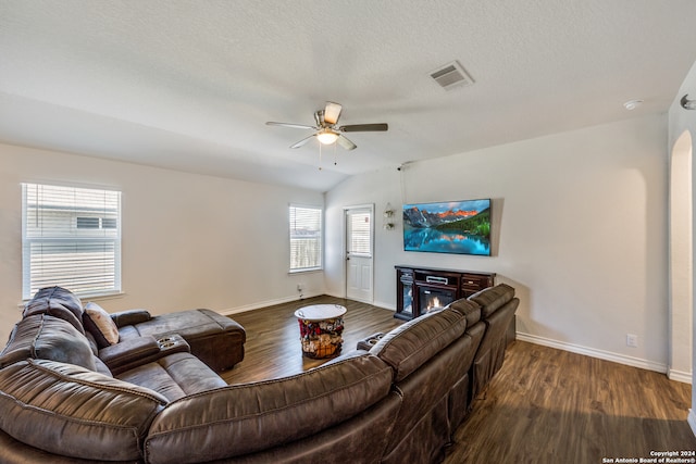 living room with plenty of natural light, lofted ceiling, and dark wood-type flooring