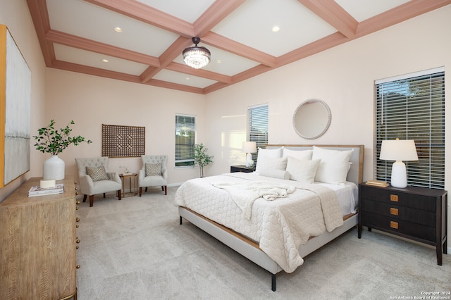 carpeted bedroom with beamed ceiling and coffered ceiling