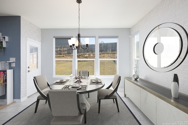 dining area with light tile patterned floors, an inviting chandelier, and brick wall