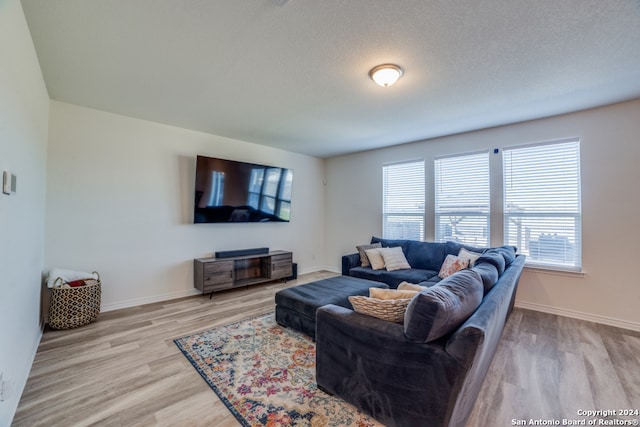 living room featuring light hardwood / wood-style floors and a textured ceiling