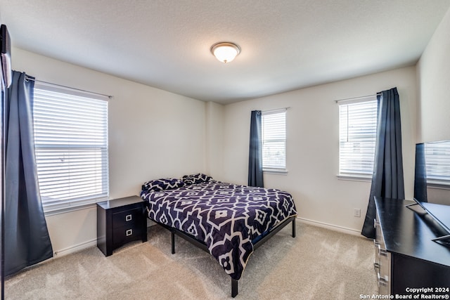 bedroom with light carpet