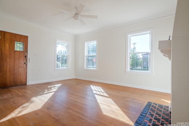 unfurnished room featuring ceiling fan, light hardwood / wood-style flooring, and ornamental molding