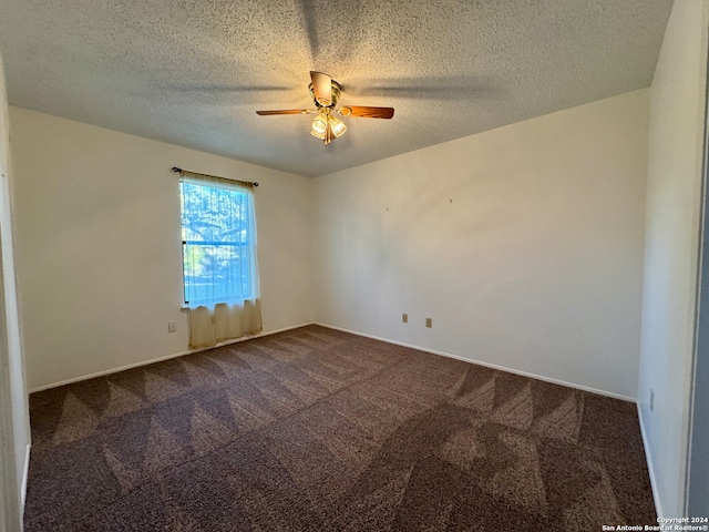 empty room with carpet, a textured ceiling, and ceiling fan