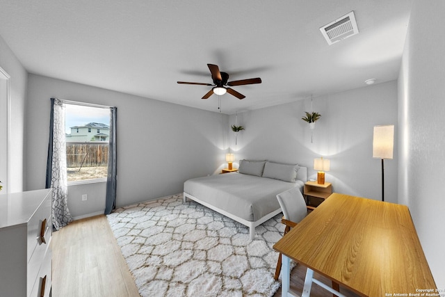 bedroom featuring ceiling fan and wood-type flooring