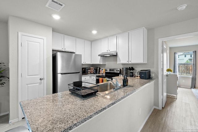 kitchen with white cabinets, kitchen peninsula, stainless steel appliances, and light hardwood / wood-style flooring