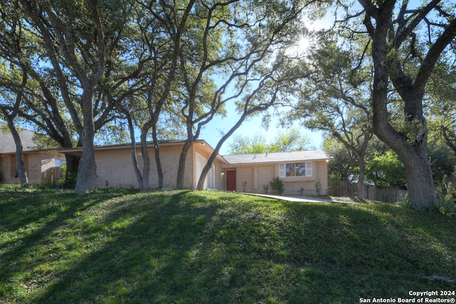 single story home featuring a front lawn