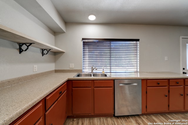 kitchen featuring sink, stainless steel dishwasher, and light wood-type flooring