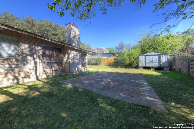 view of yard with a patio and a shed