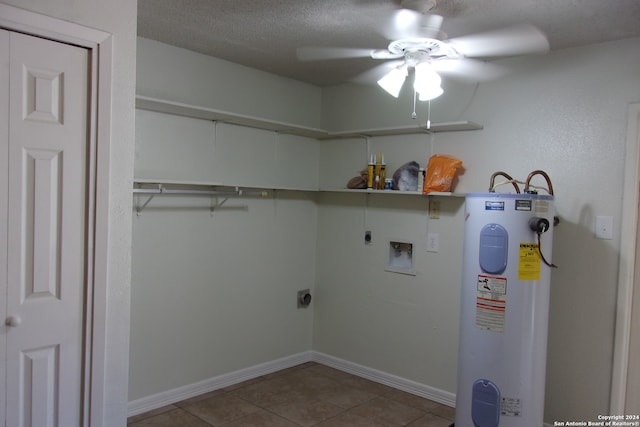 washroom featuring hookup for an electric dryer, tile patterned floors, a textured ceiling, ceiling fan, and water heater