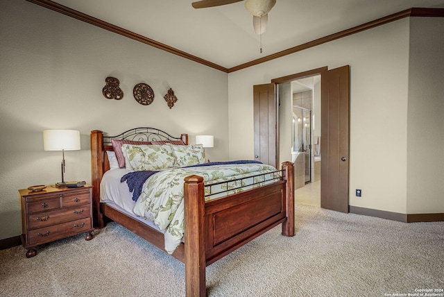 carpeted bedroom with ensuite bath, ceiling fan, and crown molding