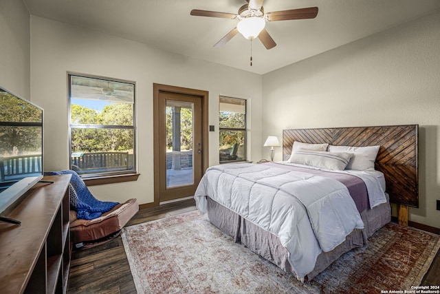 bedroom featuring access to exterior, dark hardwood / wood-style flooring, and ceiling fan