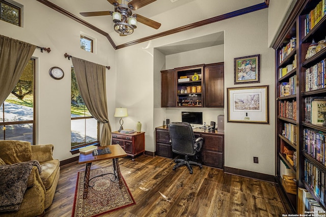 office space with dark hardwood / wood-style floors, ceiling fan, and crown molding