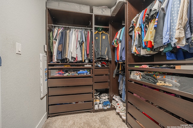 walk in closet with carpet floors