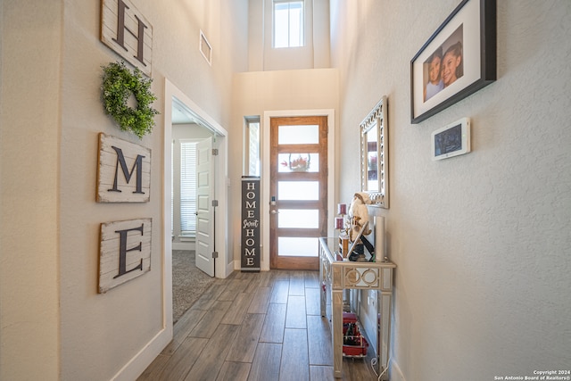 doorway to outside with hardwood / wood-style floors and a high ceiling