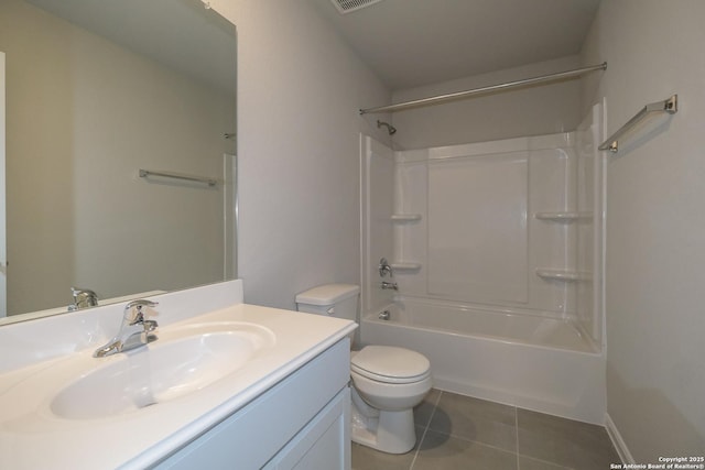 full bath featuring tile patterned flooring, visible vents, toilet, shower / tub combination, and vanity