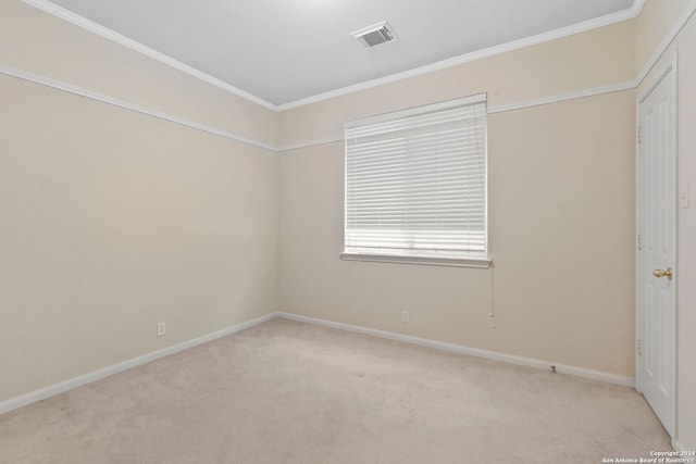 spare room featuring light colored carpet and ornamental molding