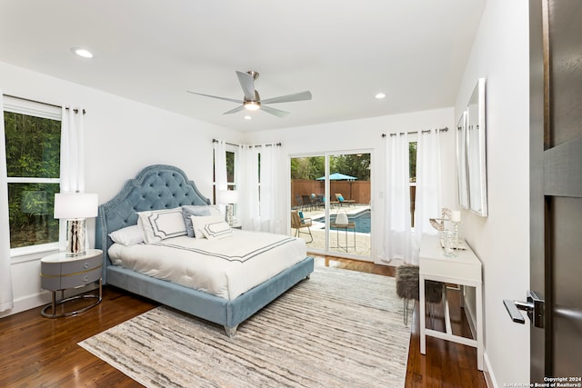 bedroom with ceiling fan, dark wood-type flooring, and access to outside