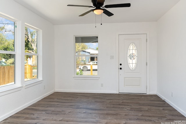 foyer entrance with dark hardwood / wood-style floors, ceiling fan, and a healthy amount of sunlight