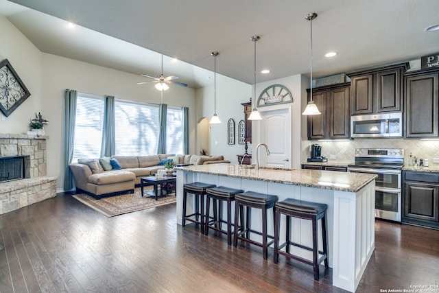 kitchen featuring sink, an island with sink, stainless steel appliances, and dark hardwood / wood-style floors