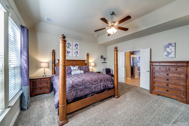 316 English Oaks Cir, Boerne, TX 78006 - bedroom with carpet flooring, vaulted ceiling, and ceiling fan