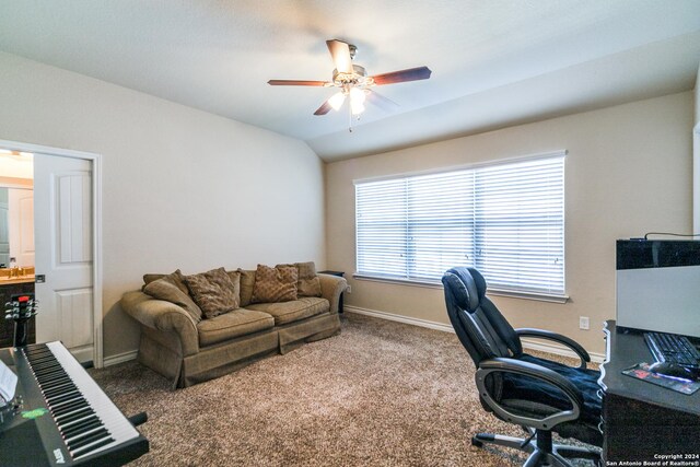 316 English Oaks Cir, Boerne, TX 78006 - carpeted office featuring ceiling fan, baseboards, and vaulted ceiling