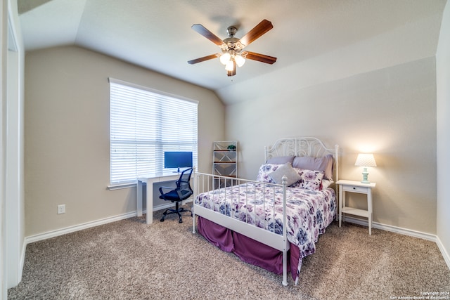 carpeted bedroom featuring ceiling fan and lofted ceiling