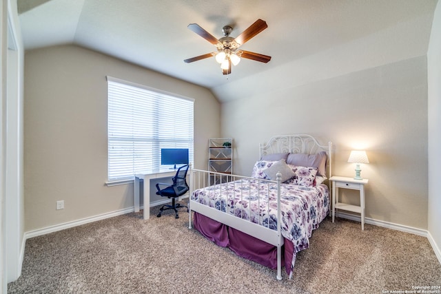 316 English Oaks Cir, Boerne, TX 78006 - bedroom with lofted ceiling, carpet floors, a ceiling fan, baseboards, and a desk