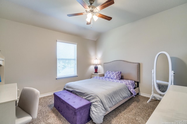 316 English Oaks Cir, Boerne, TX 78006 - carpeted bedroom with baseboards, vaulted ceiling, and a ceiling fan