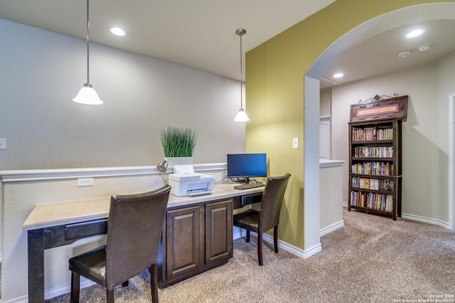 316 English Oaks Cir, Boerne, TX 78006 - home office featuring arched walkways, light carpet, baseboards, and recessed lighting
