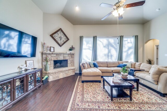 316 English Oaks Cir, Boerne, TX 78006 - living area with ceiling fan, arched walkways, lofted ceiling, hardwood / wood-style floors, and plenty of natural light